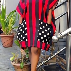 Red and Black Striped Dress with Polka Dot Pockets